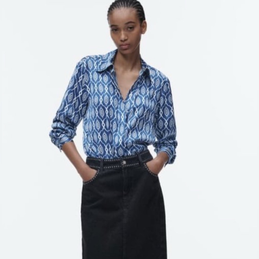 Zara Printed Blue Satin Effect Long Sleeve Shirt Size Medium